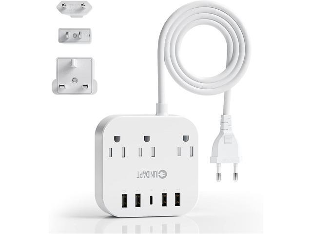 European Plug Adapter, Unidapt US to UK Europe Power Strip for EU/UK/US with USB C and 4 USB Ports, 3 AC Outlets, Wall Mountable, 5ft Extension.