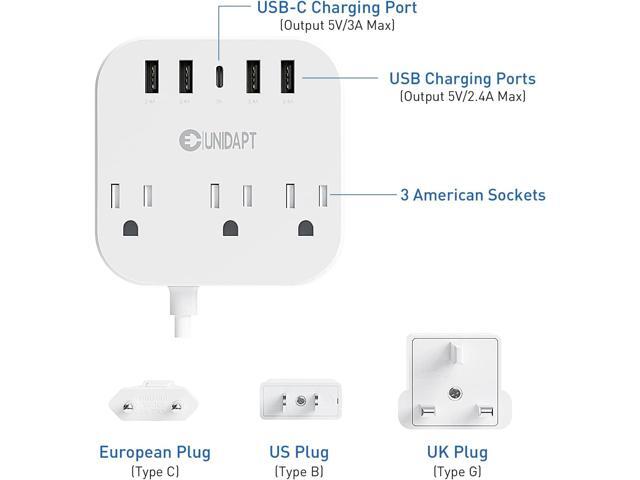 European Plug Adapter, Unidapt US to UK Europe Power Strip for EU/UK/US with USB C and 4 USB Ports, 3 AC Outlets, Wall Mountable, 5ft Extension...