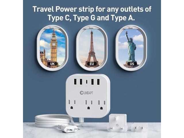 European Plug Adapter, Unidapt US to UK Europe Power Strip for EU/UK/US with USB C and 4 USB Ports, 3 AC Outlets, Wall Mountable, 5ft Extension...