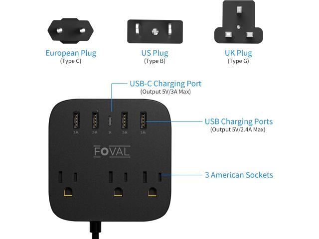 European Travel Plug Adapter, FOVAL EU UK US Power Strip with USB C and 4 USB Ports, 3 AC Outlets, Wall Mountable, 5ft Extension Cord, Compact for...