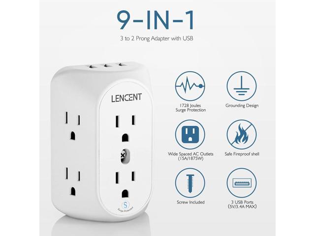 LENCENT 2 Prong Power Strip, 2 Prong to 3 Prong Grounding Outlet Adapter, Polarized Plug, 1728J Surge Protector, 3-Sided 6 Outlet 3 USB, Widely...