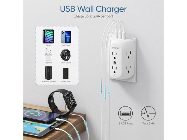 LENCENT 2 Prong Power Strip, 2 Prong to 3 Prong Grounding Outlet Adapter, Polarized Plug, 1728J Surge Protector, 3-Sided 6 Outlet 3 USB, Widely...