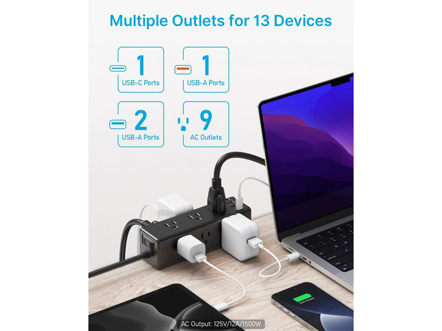 CCCEI Desk Clamp Power Strip with 9 Outlets, Desktop Edge Mount Surge Protector with USB-A and USB-C Ports, Widely Spaced Desk Outlet Fast Charging...