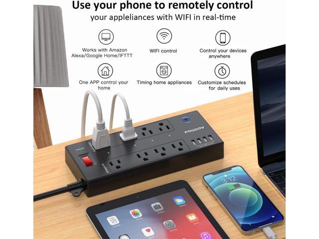 6 Ft WiFi Surge Protector - 8 Outlet Extension Cord with 4 Smart & 4 Always On Outlets, 4 USB Ports, Alexa & Google Home Compatible, Black