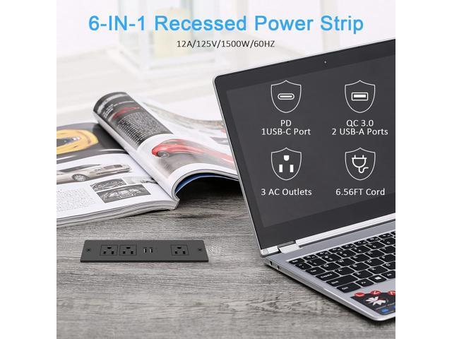 Recessed Power Strip, Furniture Drawer Outlet with 20W PD USB-C & 18W QC3.0 USB-A, Plug in 3 Outlets & USB Ports, Flush Mount 3FT Flat Extension...
