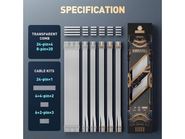 AsiaHorse PSU Cable Extension Kit of Clear Connector, 24Pin/4+4 EPS/6+2 PCI-E 16AWG ATX Power Supply Sleeved Cable Kit for Two-Way CPU Performance,...