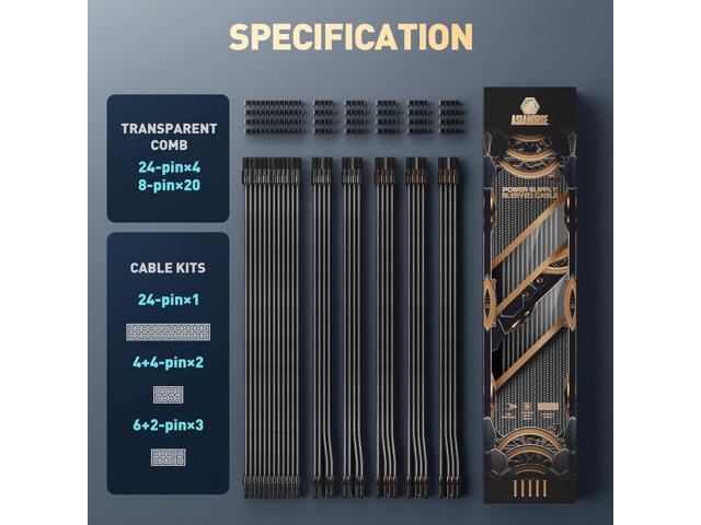 AsiaHorse PSU Cable Extension Kit, 24Pin/4+4 EPS/6+2 PCI-E 16AWG Power Supply Sleeved Cable Kit with Transparent Connector for Two-Way CPU...