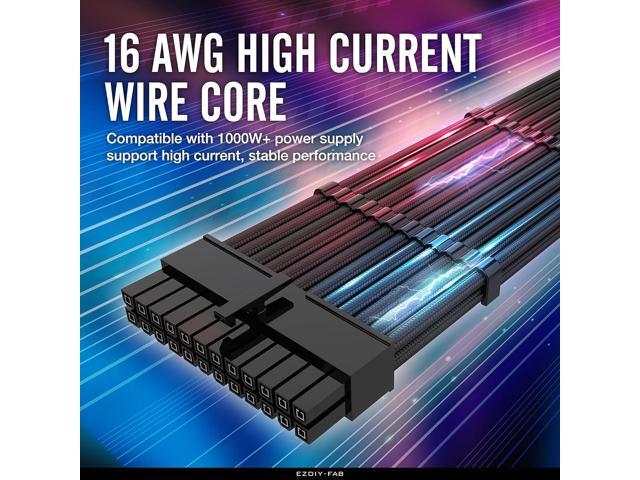 EZDIY-FAB PSU Cable Extension kit Sleeved Cable Custom Power Supply Sleeved Extension 16 AWG 24-PIN 8-PIN 6-PIN 4+4-PIN with Combs- Black