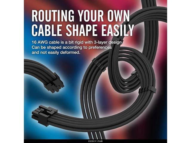 EZDIY-FAB PSU Cable Extension kit Sleeved Cable Custom Power Supply Sleeved Extension 16 AWG 24-PIN 8-PIN 6-PIN 4+4-PIN with Combs- Black