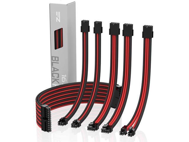 EZDIY-FAB PSU Cable Extension kit Sleeved Cable Custom Power Supply Sleeved Extension 16 AWG 24-PIN 8-PIN 6-PIN 4+4-PIN with Combs- Black/Red