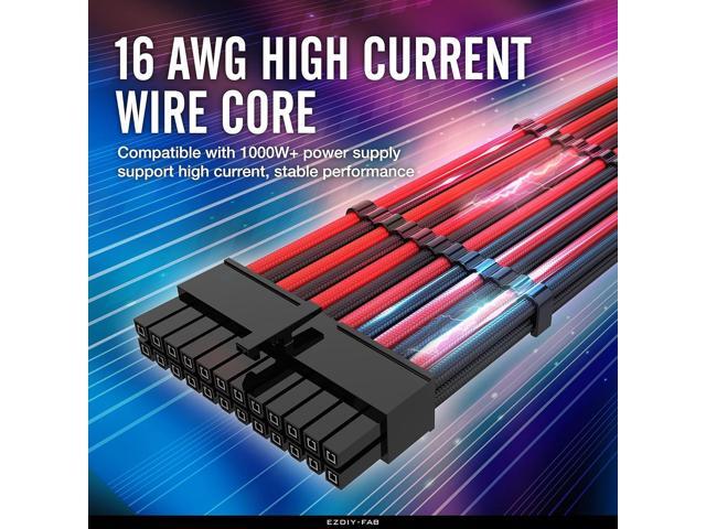 EZDIY-FAB PSU Cable Extension kit Sleeved Cable Custom Power Supply Sleeved Extension 16 AWG 24-PIN 8-PIN 6-PIN 4+4-PIN with Combs- Black/Red