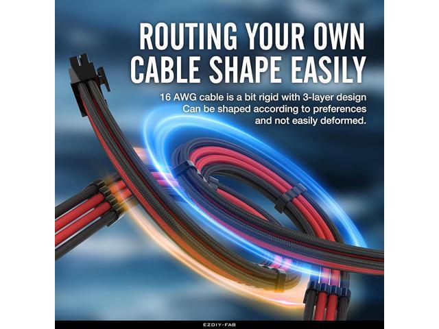EZDIY-FAB PSU Cable Extension kit Sleeved Cable Custom Power Supply Sleeved Extension 16 AWG 24-PIN 8-PIN 6-PIN 4+4-PIN with Combs- Black/Red