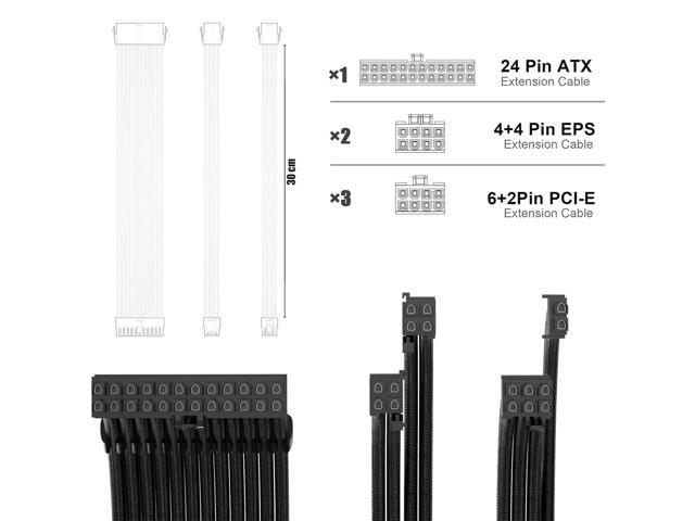 PSU Cable Extension Kit 30CM Length with Two Sets of Cable Combs,1x24Pin/2x8Pin(4+4)/3x8Pin(6P+2P) PC Sleeved Cable for ATX Power Supply (Black)