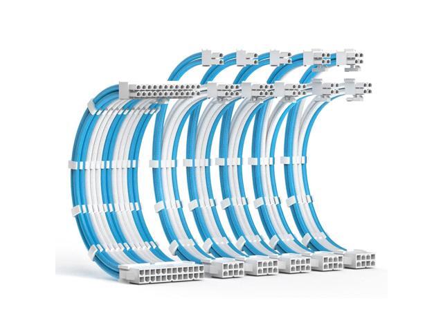 PSU Cable Extension Kit 30CM Length with Cable Combs,1x24Pin/2x8Pin(4+4) EPS/3x8Pin(6P+2P) PCI-E/PC Sleeved Cable for ATX Power Supply,Blue/White