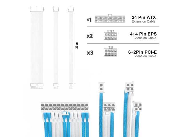 PSU Cable Extension Kit 30CM Length with Cable Combs,1x24Pin/2x8Pin(4+4) EPS/3x8Pin(6P+2P) PCI-E/PC Sleeved Cable for ATX Power Supply,Blue/White