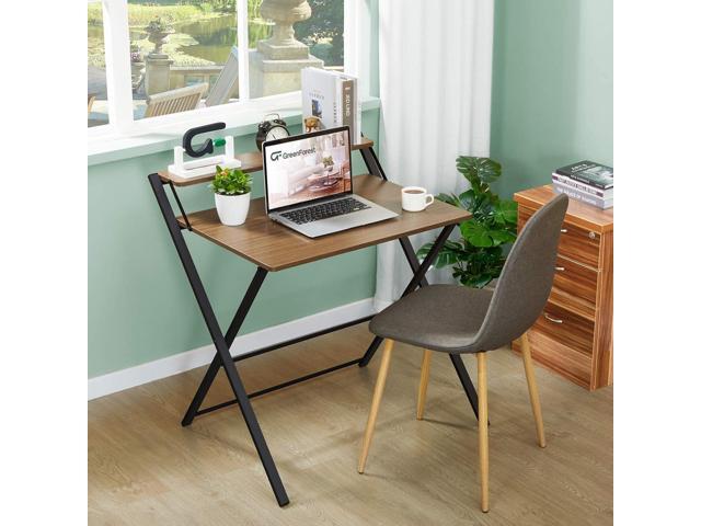 GreenForest Small Folding Desk No Assembly Required, Fully Unfold 27.3 x 22 inch 2-Tier Computer Desk with Shelf Space Saving Foldable Table for...