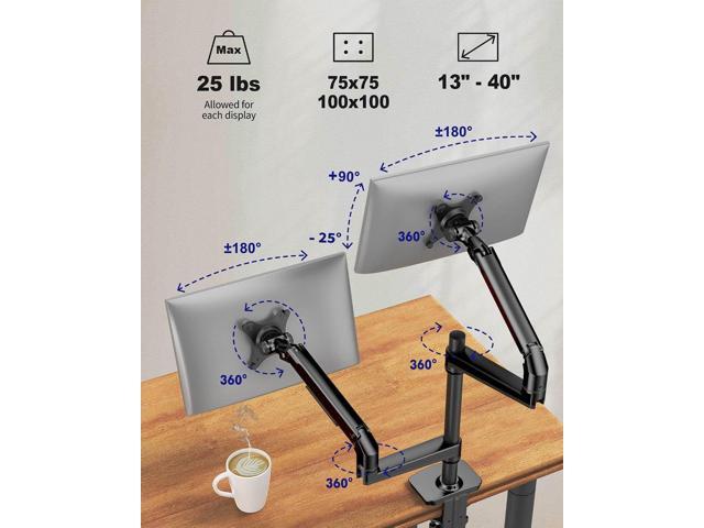 Dual Monitor Mount, Holds Screens up to 40 Inches and 25 lbs, Fully Adjustable Dual Monitor Arm with C-Clamp and Grommet Base, Aluminum, Black