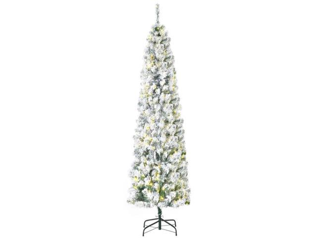 Prelit Artificial Snow Flocked Pencil Christmas Tree, Slim With Warm White Led Light