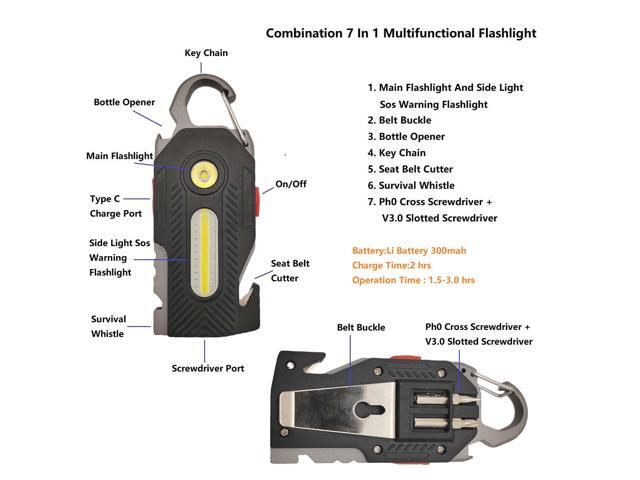 QLEE Multifunctional flashlight 7 in 1 COB Keychain Bright Work Light Rechargeable Portable LED light with Bottle Opener Seat belt cutter Survival...