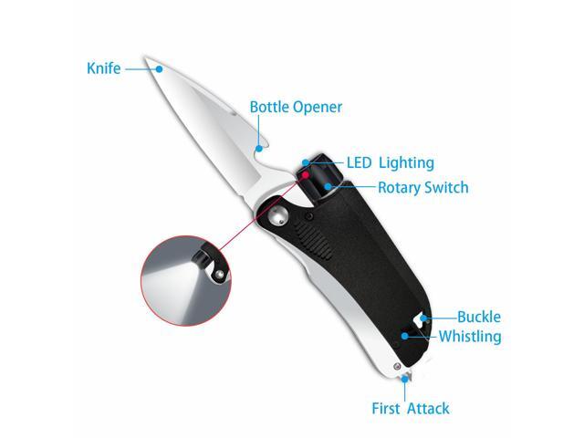 QLEE Led Mini Flashlight 6-In-1 Utility Folding Pocket Knife With Bottle Opener,Glass Breaker First Attack,Buckle,Whistling,Multi-Function...