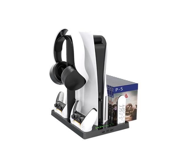 Vertical Stand with Headset Holder and Cooling Fan Base for PS5 Console & Playstation 5 Accessories, 1 Headphone Stand, 2 Controller Chargers, 15.