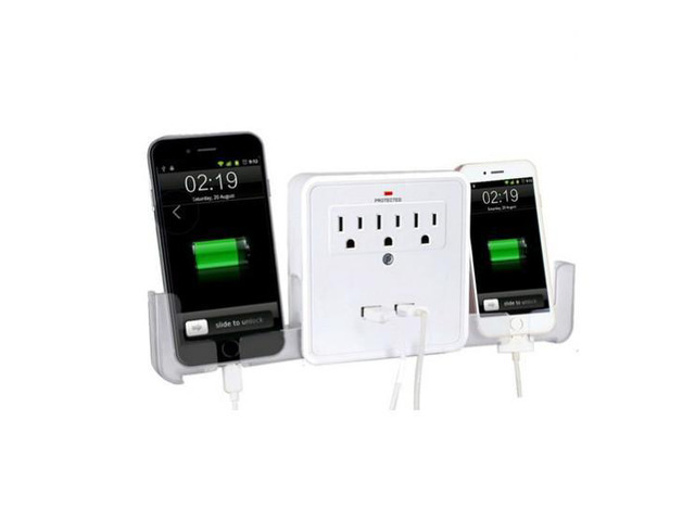 NEW! Classic Combo Wall Adapter W/3 AC Outlets W/Surge Protection And Dual USB Ports To Charge Your Gadgets - White