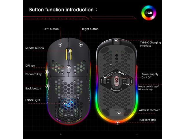 HXSJ T90 Triple Mode Rechargeable Wireless Mouse (Bluetooth 3.0 + 5.0 + 2.4GHz Wireless, RGB Lighting, Adjustable DPI, Black)