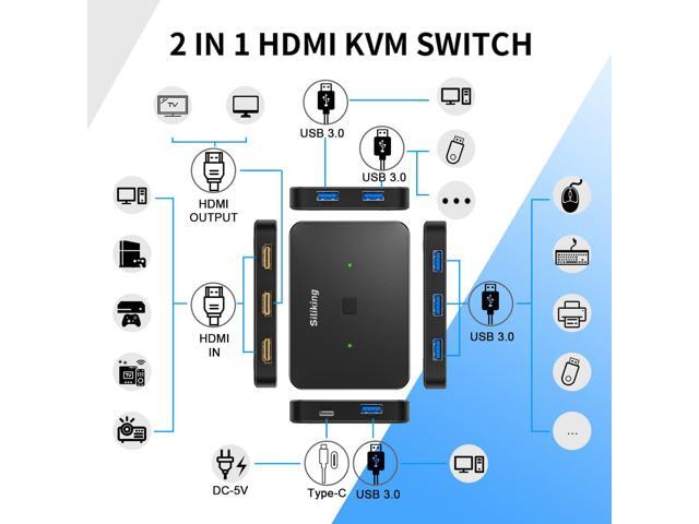 4K@60Hz HDMI KVM Switch USB Selector for 2 Computers Share one Monitor and 4 USB 3.0 Ports, Keyboard Mouse Printer, External Hard Drives, 2 USB...
