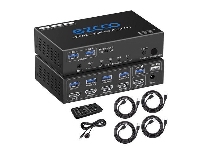 USB 3.0 KVM Switch HDMI 4 Computer 1 Monitor 8K 4K 120Hz VRR G/Sync HDCP Bypass Atmos IR Remote - 4X USB3.0 Cable, HotKey for USB 1.0 Keyboard...