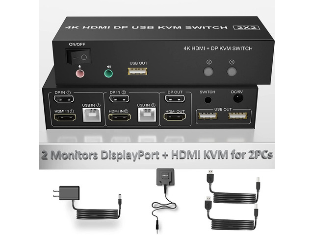 DisplayPort HDMI Dual Monitor KVM Switch 4K@60Hz 2 in 2 Out Displayport and HDMI KVM Switch 2 Computers Share 2 Monitors and one Set of Keyboard,...