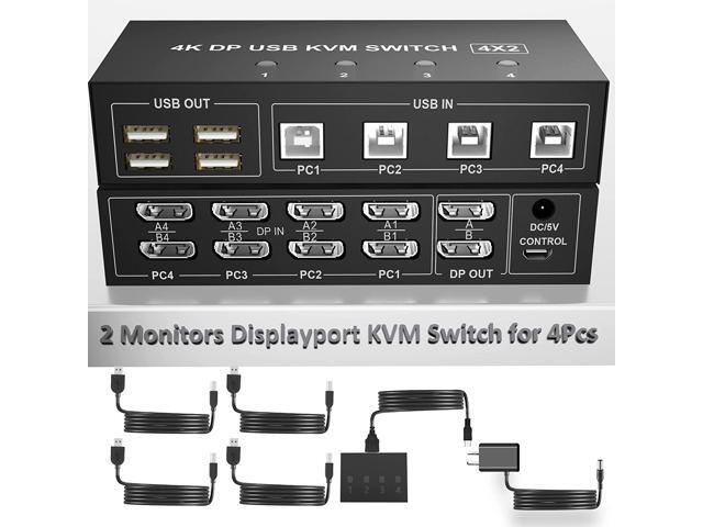 Displayport KVM Switch 4 Computers 2 Monitors, 4K@60Hz 4 Port KVM Switch Dual Monitor Displayport with 4 USB Hub, Dual Monitor Displayport KVM 4PCs...
