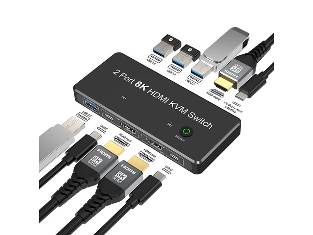 2 Port 8K HDMI KVM Switch 2 in 1 Out 8K@60Hz 4K@120Hz 2 PC to 1 Monitor with 4 USB 3.0 Ports for Sharing Keyboard, Mouse, U Disk
