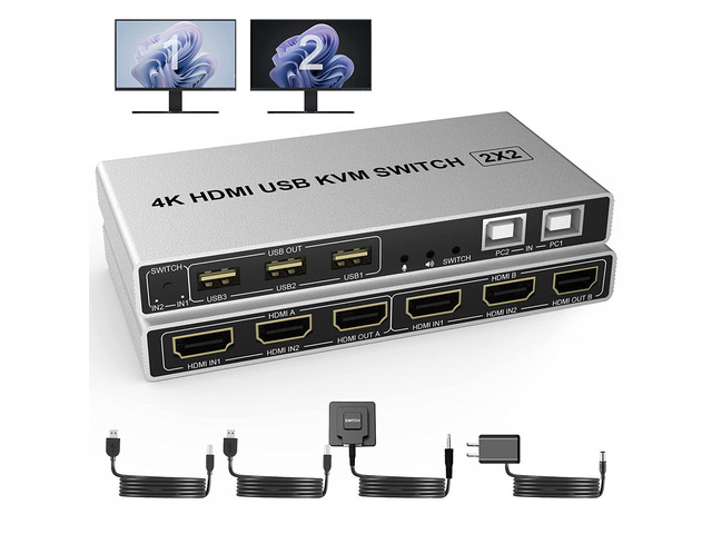 Dual Monitor KVM Switch HDMI 2 Port, 4K@60Hz Extended Display 2 Monitors 2 Computers KVM Switch with 3 USB Ports and Audio Microphone Output, PC...