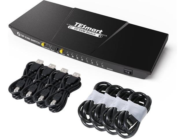 KVM Switch DisplayPort, 4 Port KVM Box, UHD 4K@60Hz RGB 4:4:4, USB 2.0 Hub, Hotk