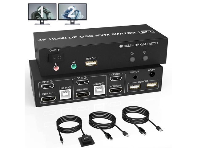 KVM Switch Dual Monitor Display Port and HDMI 4K@60Hz Extended Display KVM Switch 2 Monitors 2 Computers with Audio Microphone Output and 3 USB...