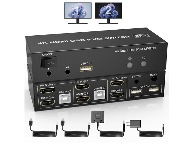 HDMI KVM Switch Dual Monitors 2 Computers, 4K@60Hz Extended Display 2 Ports HDMI KVM Switch 2 Monitors 2 Computers with 3 USB Ports and Audio...