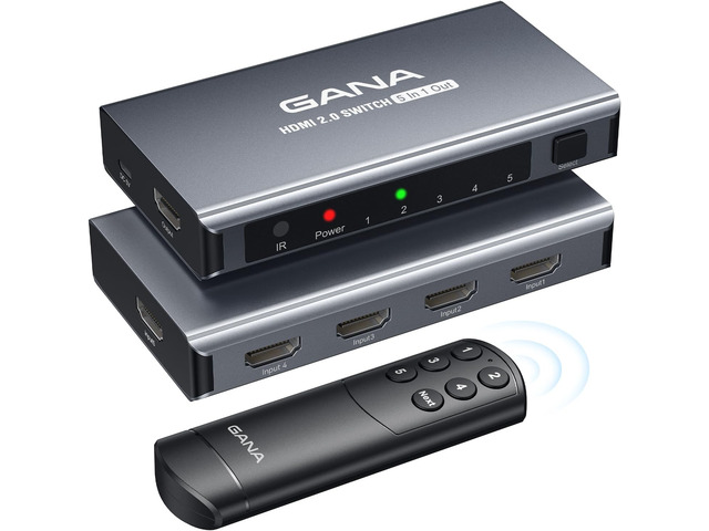 HDMI Switch 5 in 1 Out 4K@60Hz, GANA HDMI Splitter Switcher with Remote, Aluminu