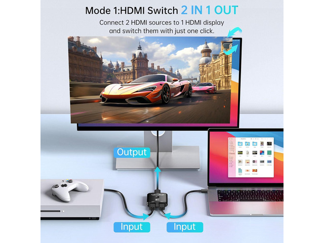HDMI Switch Splitter 4K@60hz, Bidirectional HDMI 2.0 Switcher 2 in 1 Out, HDMI Splitter 1 in 2 Out, Support 4K 3D HDR for Xbox PS5/4/3 Blu-Ray...