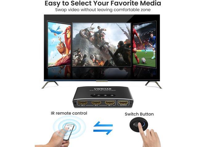 HDMI Switch 3 in 1 Out 4K UHD HDMI Switcher Splitter, Automatic Switch with Remote Metal HDMI Switch Box Hub Support 4K 30Hz 3D 1080P HDCP1.4 for...