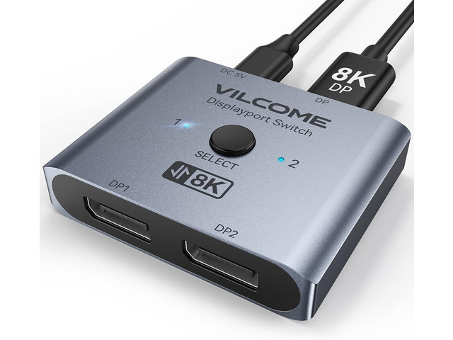 DisplayPort Switch 8K Splitter, Plug & Play, One-Button Switching, Bidirectional Display Port Switcher Box 2 in 1 Out/ 1 in 2 Out, 8K@60Hz,...