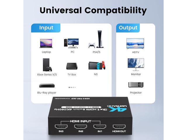 HDMI Switch 3 in 1 Out 4K@60Hz HDMI Splitter, 4K HDMI Switch with Remote Metal HDMI Switch Box Hub Support 4K@60Hz/30Hz 1080P 3D HDR Auto Switching...