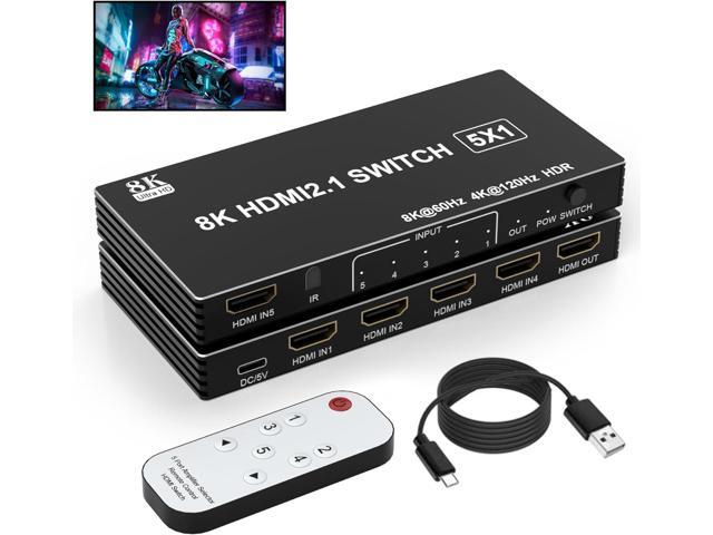 8K HDMI Switch 5 in 1 Out, 5 Port HDMI Splitter with IR Remote HDMI Switcher Selector Box Support 8K@60Hz 4K@120Hz, HDMI 2.1 Switch Compatible with.