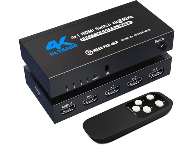 HDMI Splitter 4 in 1 Out, NerdEthos HDMI Switch with Remote LED Indicators, 4 Port Switcher Box Supports 4K@60Hz HDR10 HDCP 2.2 3D Dolby DST, for...