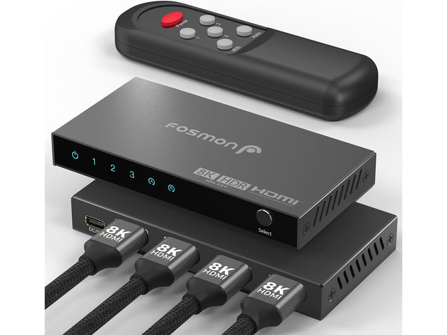 3-Port HDMI 8K Switch with Remote, Support 8K@60Hz 4K@120Hz HDR10+ HDCP 2.3 High Speed 48Gbps 3 in 1 Out Auto-Switching 3x1 HDMI 2.1 Switcher...