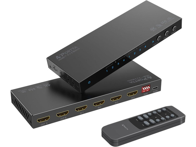 4K 60Hz HDMI Matrix 4x2, PORTTA 4 in 2 Out Switch Splitter with Toslink 3.5mm Audio Extractor, ARC, 16 EDID Modes, 4K Downscale, and IR Remote...