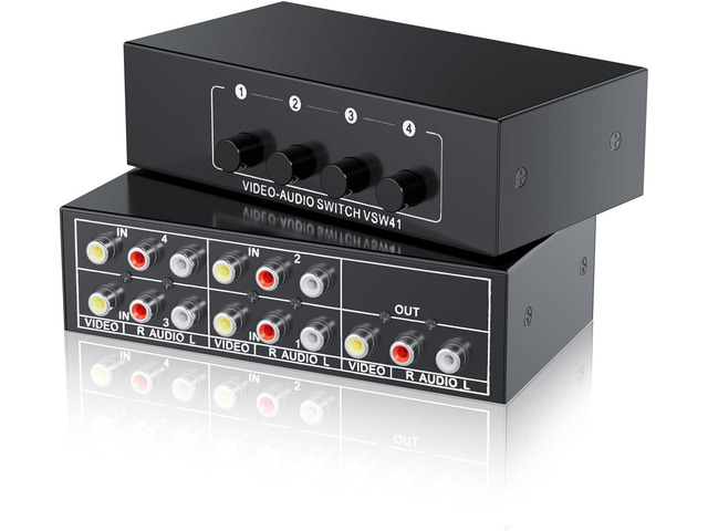 RCA Switch 4 in 1 out Composite Video L/R Audio Selector Box 4X1, BolAAzuL 4-Way RCA Switcher - 4 Port AV Selector Switch - Plug & Play for Wii PS2...