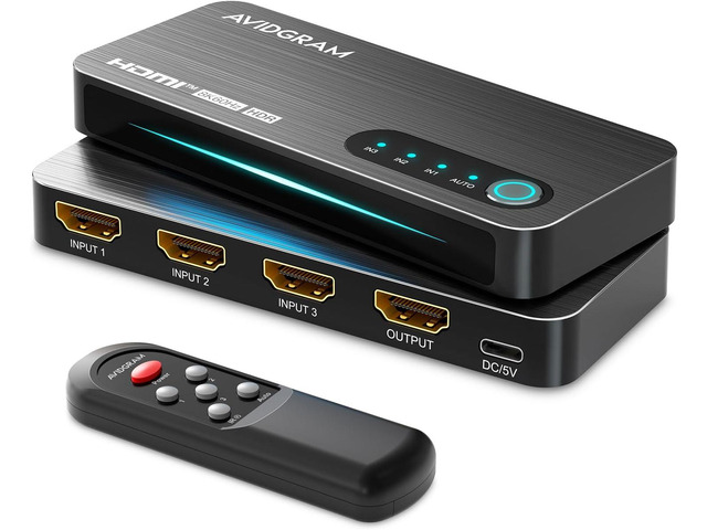 HDMI 2.1 Switch 4K 120Hz, AVIDGRAM HDMI Switcher 3 in 1 Out with IR Remote, 3 Po