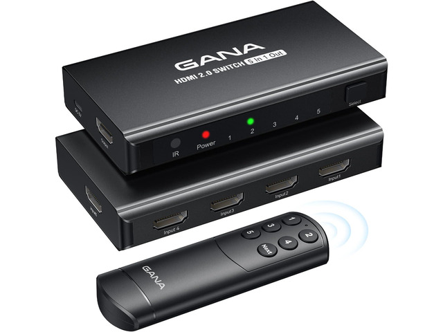 HDMI Switch 5 in 1 Out 4K@60Hz, GANA HDMI Splitter Switcher with Remote, Aluminu