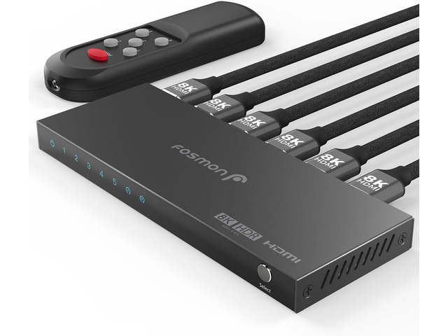 5-Port HDMI 8K Switch with Remote, Support 8K@60Hz 4K@120Hz HDR10+ HDCP 2.3 High Speed 48Gbps 5 in 1 Out Auto-Switching 5x1 HDMI 2.1 Switcher...