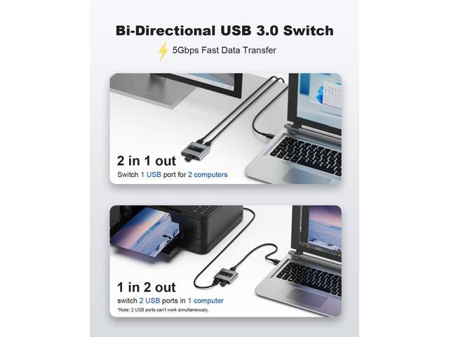 USB 3.0 Switch Selector, Bi-Directional USB Switch 2 in 1 Out / 1 in 2 Out, Aluminum USB Switcher 2 Computers Share 1 Device for Printer, Keyboard,...